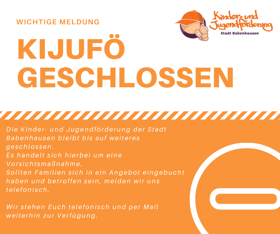 Aussetzen der Angebote Um die Infektionskette des Coronavirus weiter einzudämmen setzen ab sofort auch die Angebote der Kinder- und Jugendförderung der Stadt Babenhausen vorsorglich aus. Betroffen sind hiervon auch die [&hellip;]