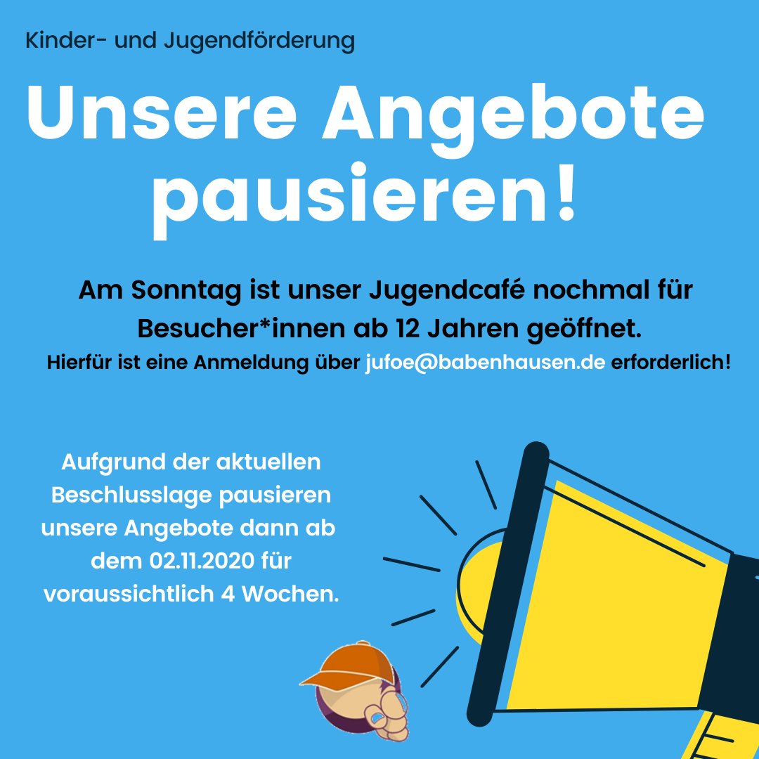 Die aktuelle Beschlusslage (aktualisiert am 28.10.2020) führt dazu, dass unsere Angebote ab Montag, 02.11.2020 bis voraussichtlich Ende November pausieren werden. Wir bemühen uns um Ersatztermine für alle geplanten Veranstaltungen. Über [&hellip;]