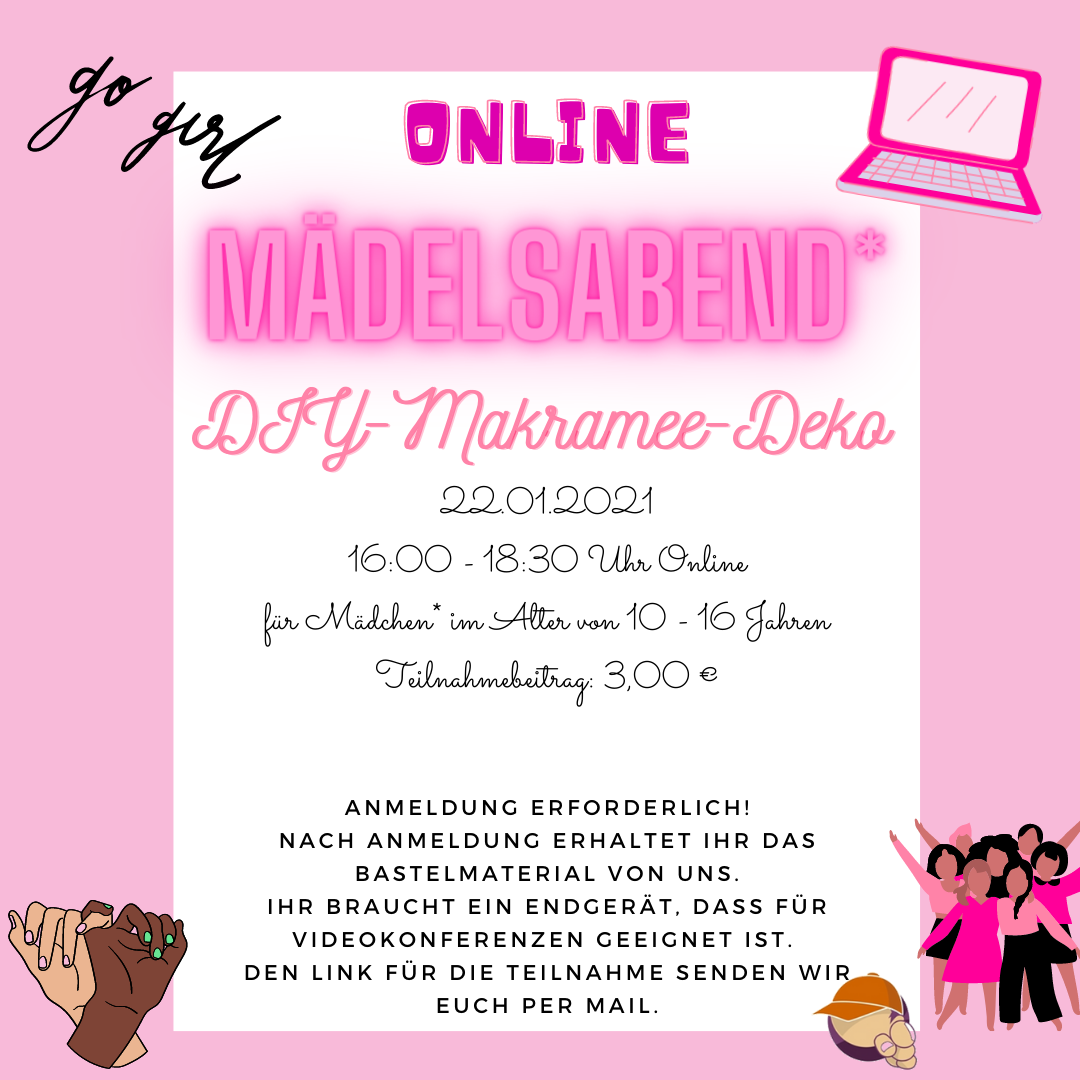 Am 22.01.2021 startet die städtische Kinder- und Jugendförderung mit einem ersten digitalen Angebot ausschließlich für Mädchen*. Ab 16:00 Uhr soll über eine Videoplattform der erste Mädelsabend digital stattfinden. Anmelden können [&hellip;]