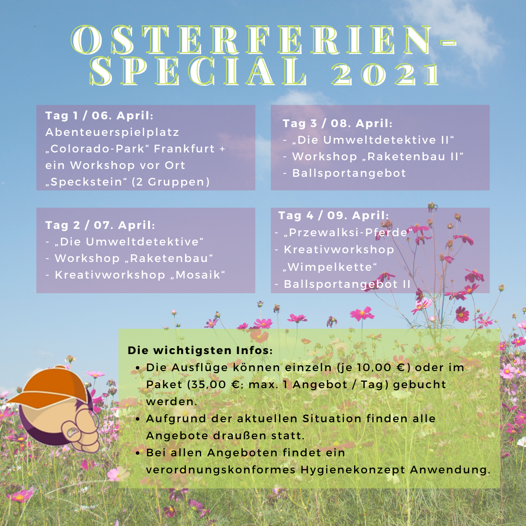 Ferien mit spannenden Angeboten für jeden Geschmack In der ersten Ferienwoche der Osterferien bietet die städtische Kinder- und Jugendförderung auch in diesem Jahr wieder ein buntes und abenteuerliches „Osterferien-Special“ als [&hellip;]
