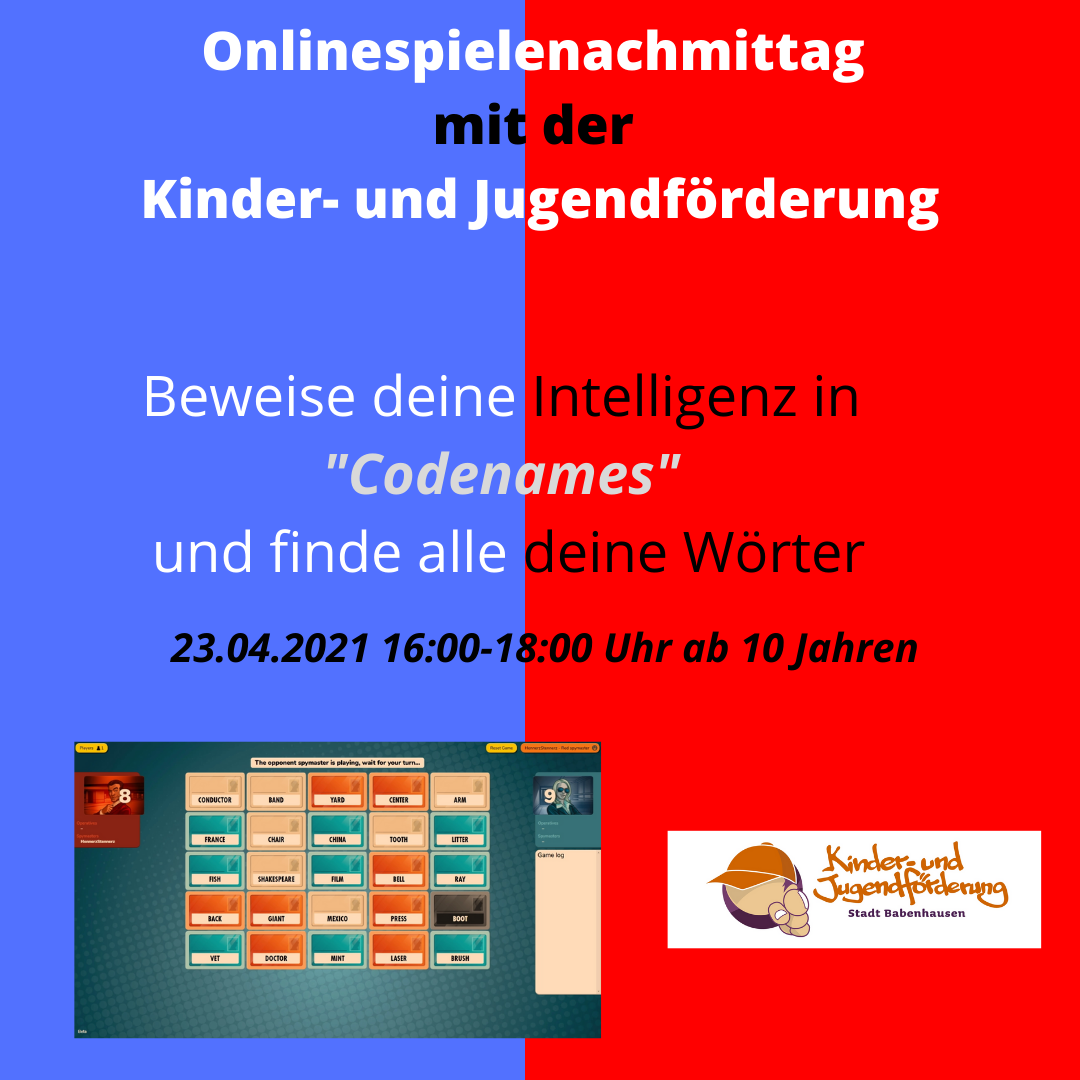 Am Freitag, den 23.04.2021 findet der digitale Spielenachmittag  mit dem Taktik und Denkspiel “Codenames”statt. Beweise deine Intelligenz und taktisches Denken mit Spiel und Spaß. Das Angebot ist für Kinder und [&hellip;]