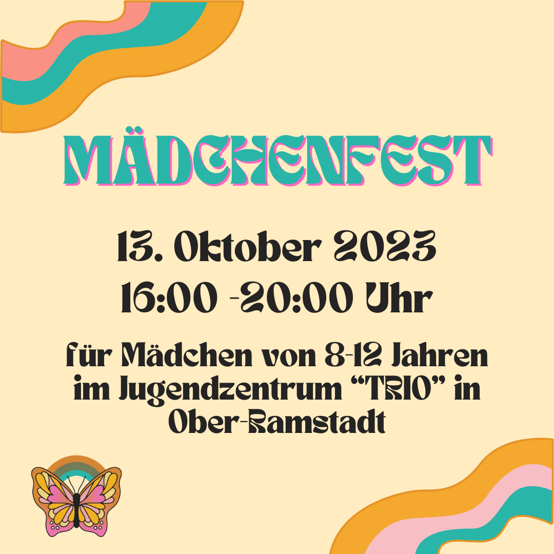 Am 13. Oktober 2023 findet endlich wieder das „Mädchenfest“ für Mädchen im Alter von acht bis zwölf Jahren, diesmal im Jugendzentrum „TRIO“ in Ober-Ramstadt, statt. Veranstaltet wird dieses von insgesamt [&hellip;]