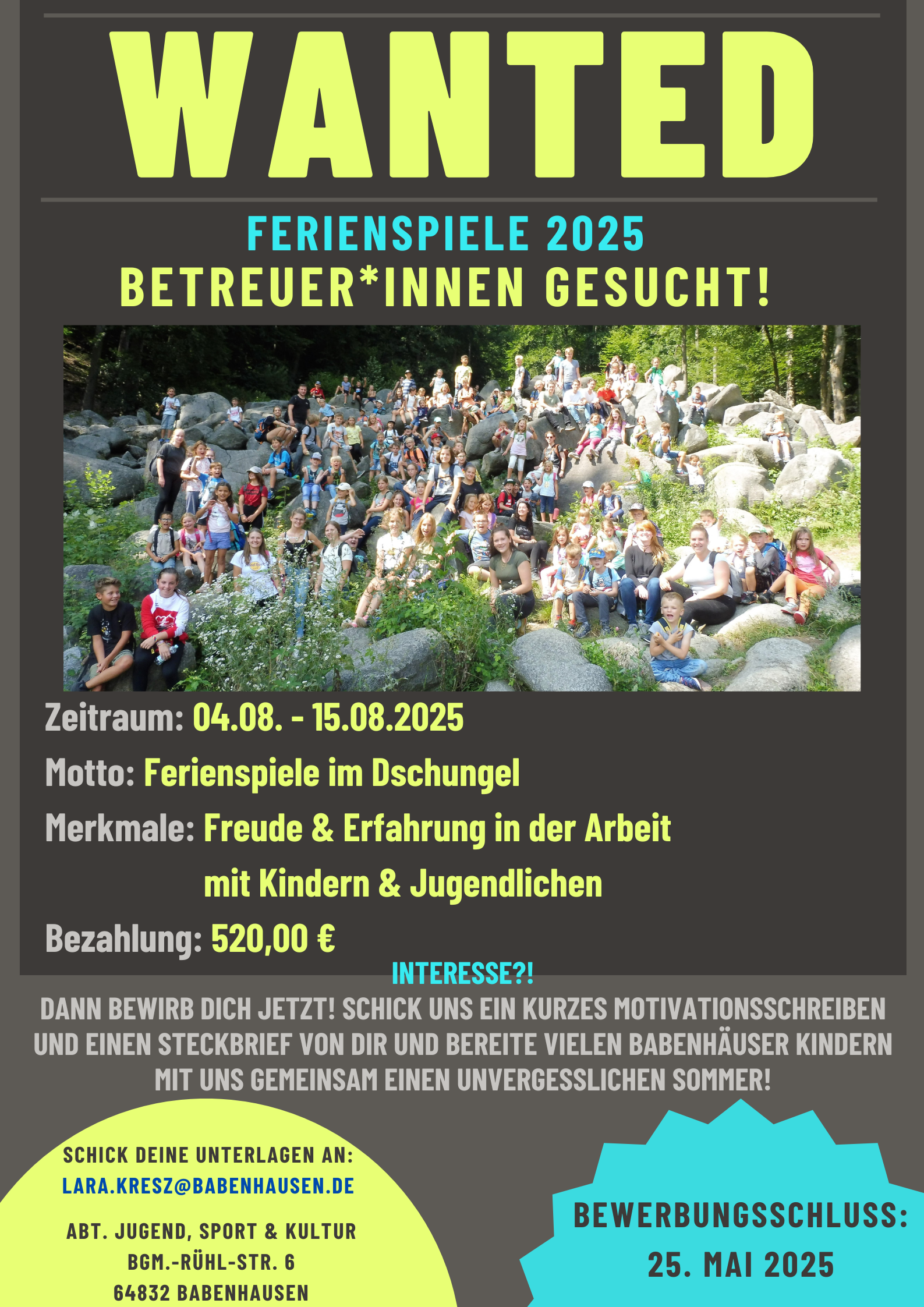 „Ferienspiele im Dschungel“ bieten abwechslungsreichen Ferienjob Für die Ferienspiele der Stadt Babenhausen werden ab sofort wieder Betreuer*innen gesucht. Das 10-tägige Spiel- und Freizeitvergnügen findet traditionell immer in den letzten beiden [&hellip;]