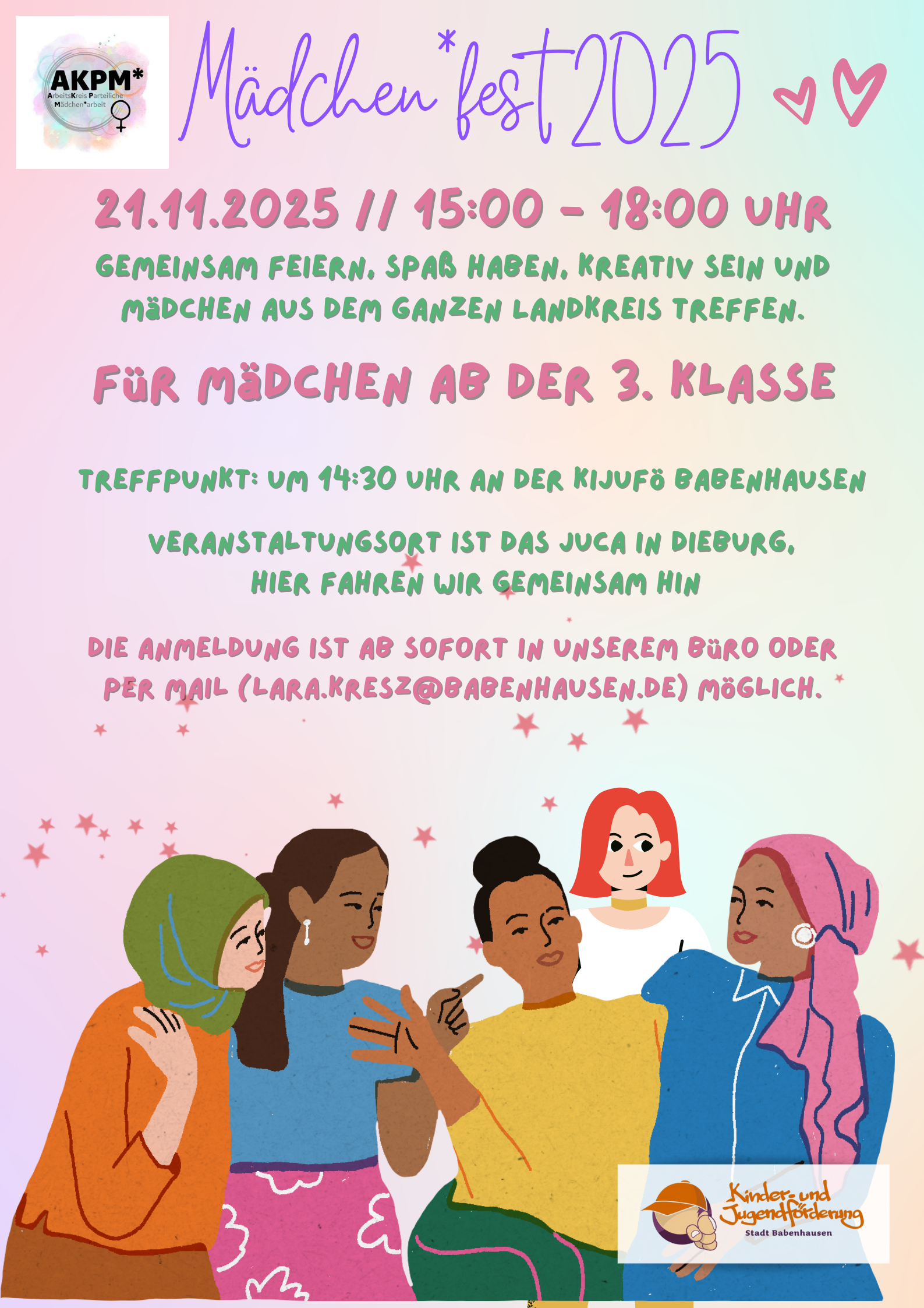 GEMEINSAM FEIERN, SPAß HABEN, KREATIV SEIN UND MÄDCHEN AUS DEM GANZEN LANDKREIS TREFFEN. FÜR MÄDCHEN AB DER 3. KLASSE TREFFPUNKT: UM 14:30 UHR AN DER KIJUFÖ BABENHAUSEN VERANSTALTUNGSORT IST DAS [&hellip;]