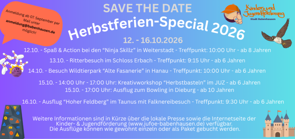 Nach der Ferienfreizeit in die Partnerstadt Lichtentanne (Sachsen) in den Osterferien, bietet die Kinder- und Jugendförderung der Stadt Babenhausen in den Herbstferien wieder ein abwechslungsreiches „Herbstferien-Special“ für Kinder und Jugendliche [&hellip;]